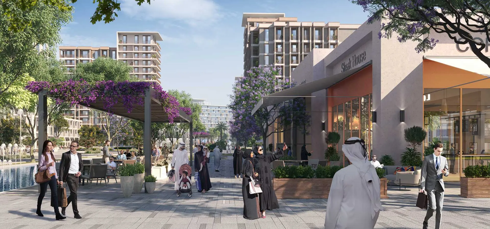 Garden-side dining at the Seefa waterfront community
